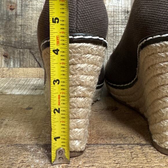 Tory Burch Jackie Brown Canvas Espadrille Wedge Peep Toe Heels Shoes Size 9.5 - Picture 8 of 12